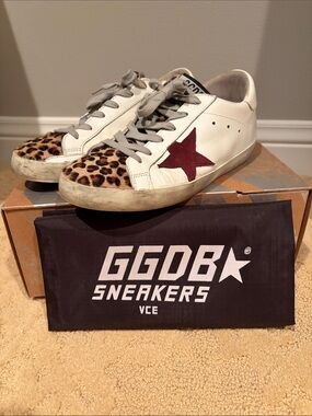 Golden Goose White Leather Sneakers with Leopard Toe & Burgundy Star